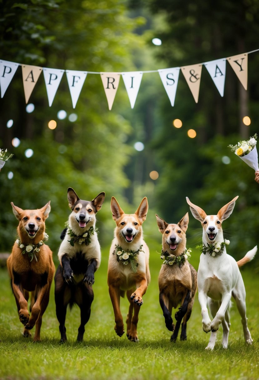 A group of adventurous animals celebrating a wedding with banners and decorations in a lush forest clearing