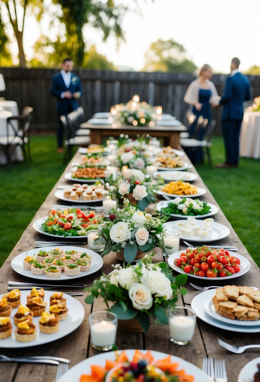 A backyard wedding spread with a variety of appetizers, salads, and desserts displayed on rustic wooden tables with elegant floral centerpieces