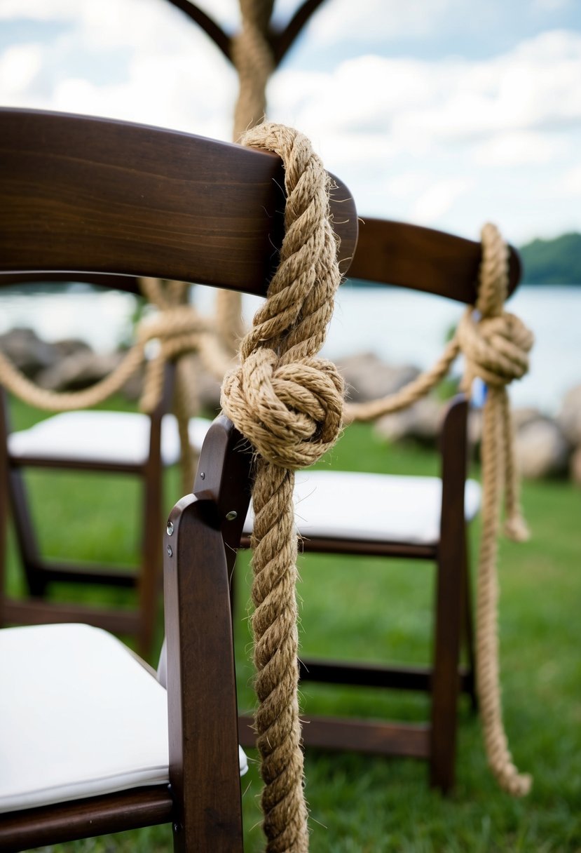 Nautical rope knots adorn wooden chairs and arches at a lakeside wedding, adding a rustic and maritime touch to the decor