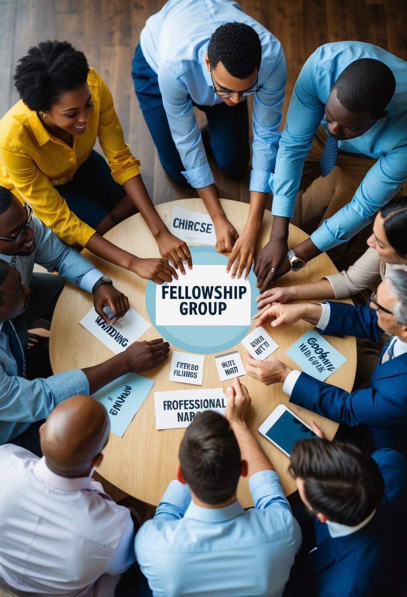 A group of diverse characters gathered in a circle, brainstorming and sharing ideas for their fellowship wedding group name