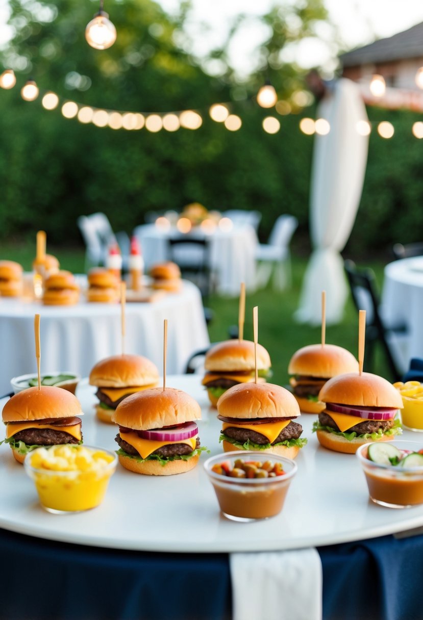 A table with a variety of hamburger sliders, condiments, and sides set up in a backyard wedding reception