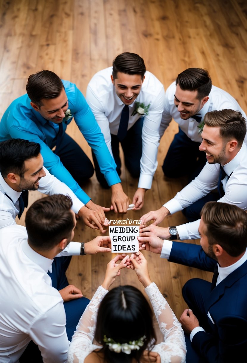 A group of wedding guests gather in a circle, laughing and brainstorming wedding group name ideas