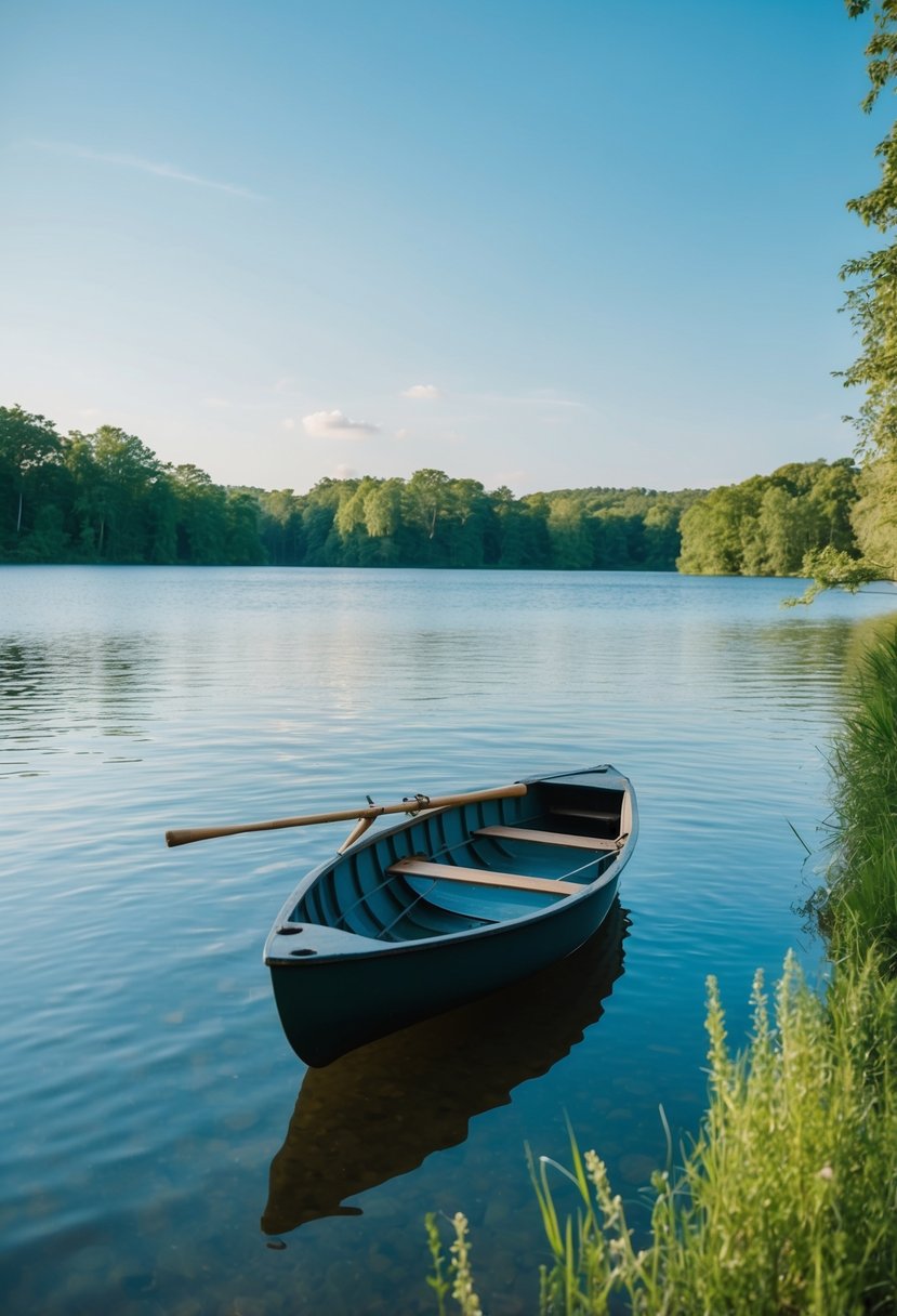 A serene lake with a rowboat, surrounded by lush greenery and a clear blue sky, perfect for romantic wedding photos