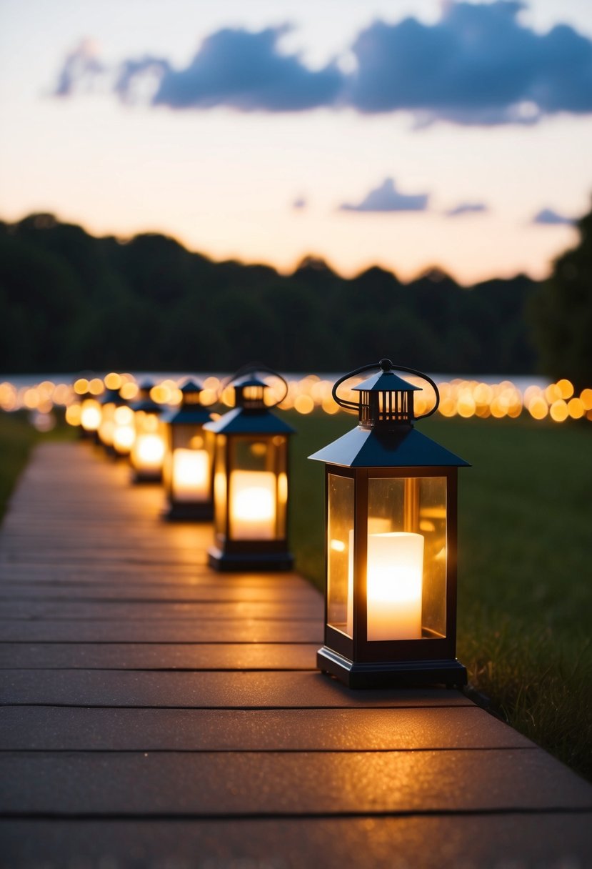 Lanterns casting warm light on a serene lake, illuminating pathways for a romantic wedding ceremony