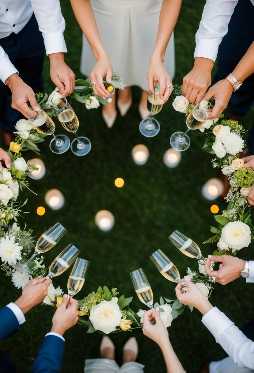 A group of wedding-themed objects arranged in a circle, with various items such as rings, flowers, and champagne glasses, symbolizing unity and celebration