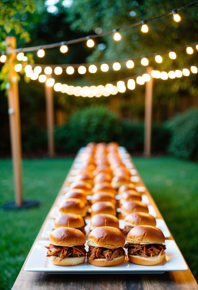 A table lined with pulled pork sliders, surrounded by twinkling string lights and lush greenery at a backyard wedding