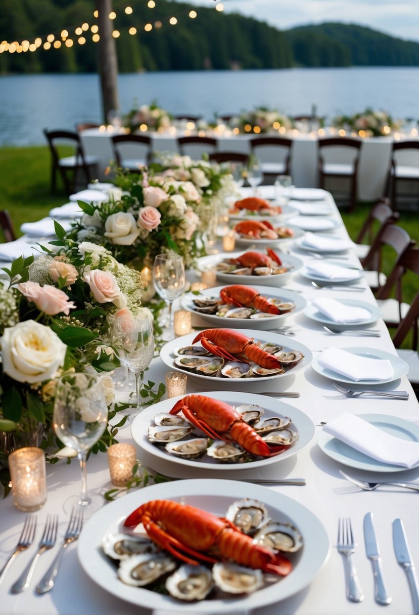 A lakeside wedding reception with a seafood-inspired menu, featuring a table adorned with fresh oysters, lobsters, and crab legs, surrounded by elegant floral centerpieces and twinkling string lights