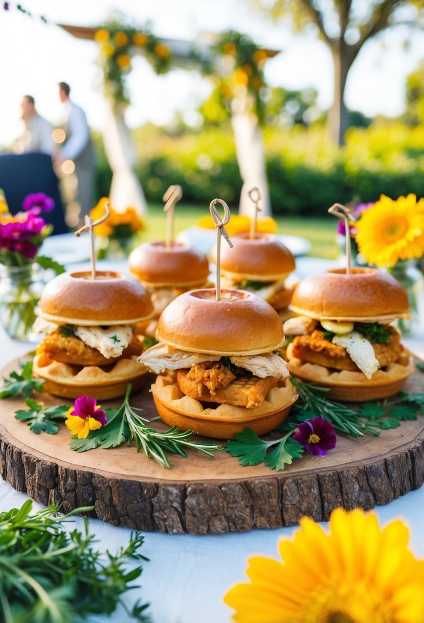 Chicken and waffle sliders arranged on a rustic wooden platter, surrounded by fresh herbs and colorful flowers, set against a backdrop of a sunny backyard wedding celebration