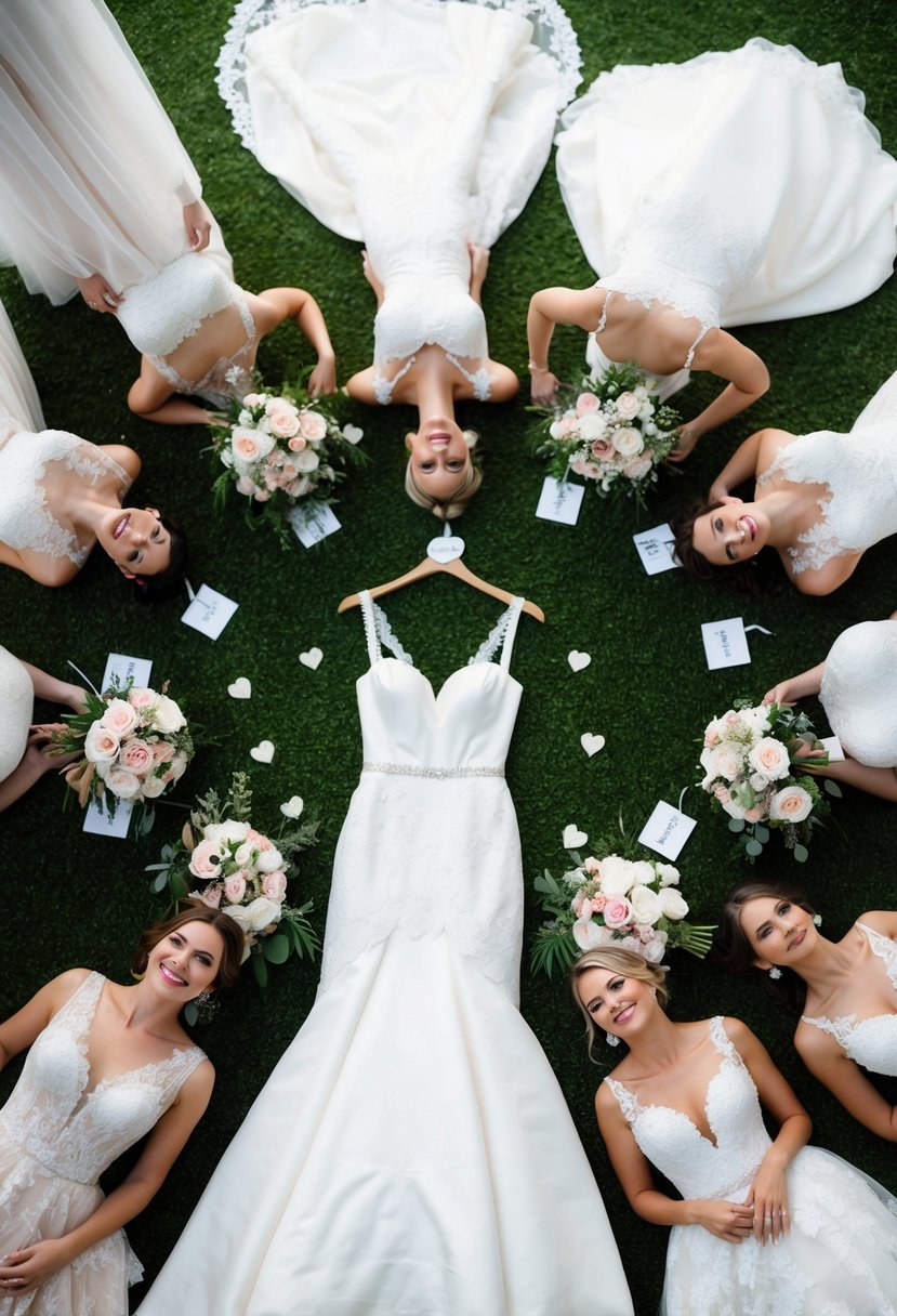 A group of elegant wedding dresses arranged in a circle, each with a unique name tag. Bouquets of flowers and delicate lace details add to the romantic atmosphere