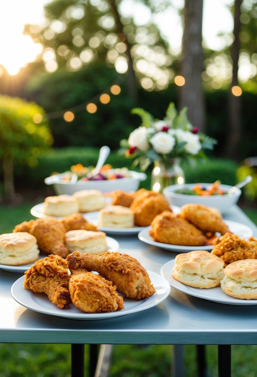 A table with fried chicken, biscuits, and assorted sides set up for a backyard wedding celebration