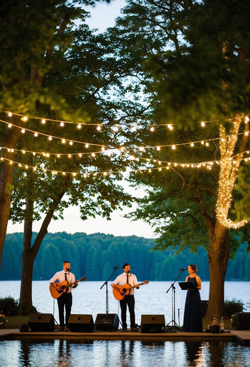 A lakeside wedding with a live acoustic band playing under a canopy of trees, surrounded by twinkling lights and serene water