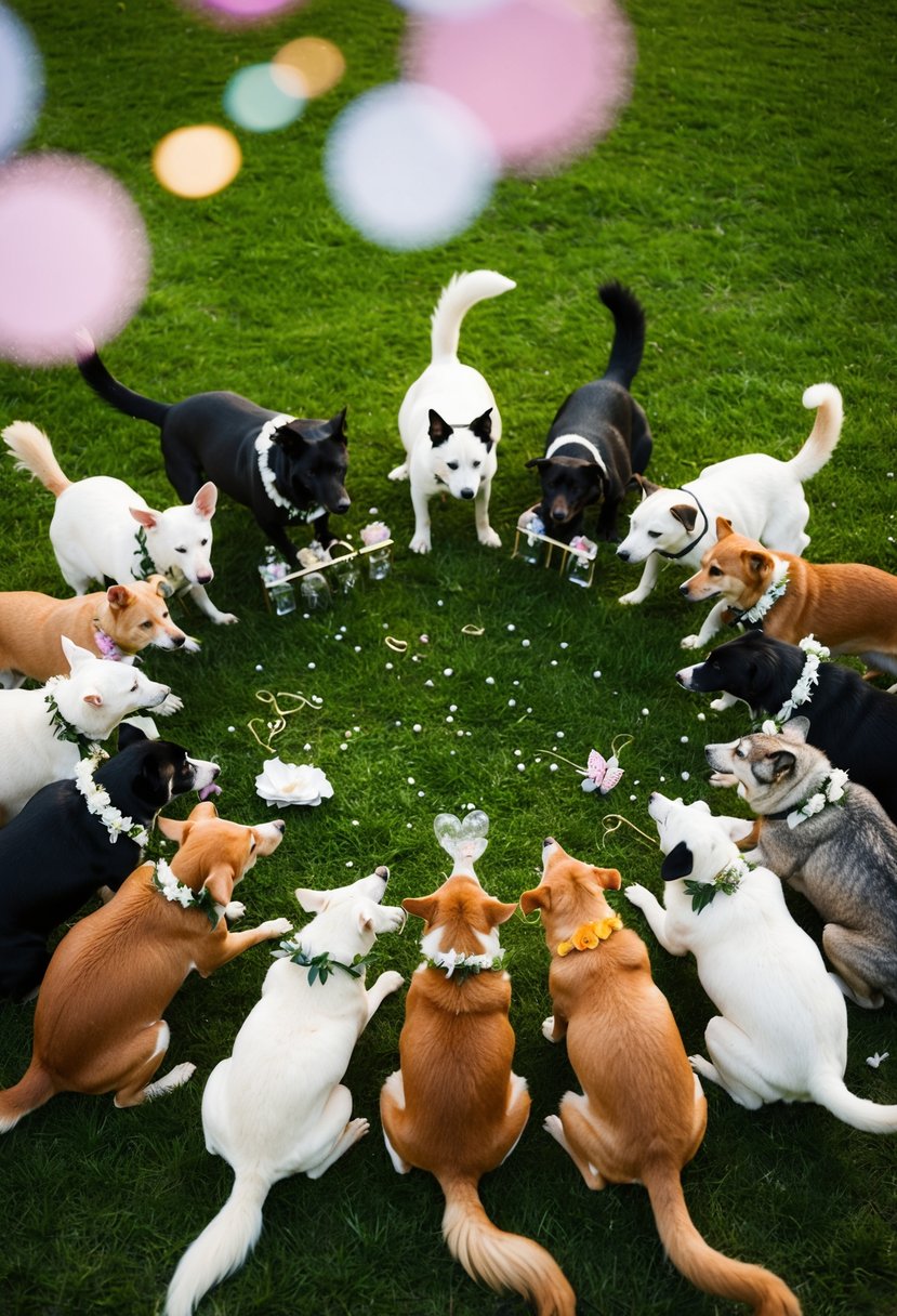 A group of animals gathered in a circle, celebrating with wedding-themed decorations and accessories