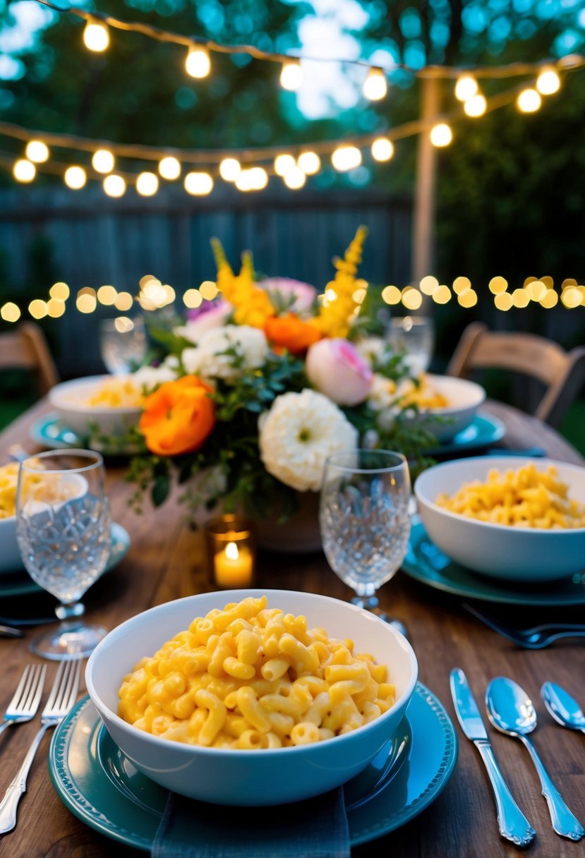 A table set with steaming bowls of mac and cheese, surrounded by twinkling lights and floral centerpieces in a cozy backyard wedding setting