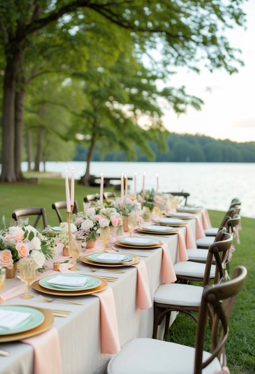 A lakeside brunch set up with floral centerpieces and pastel tablecloths for a wedding celebration