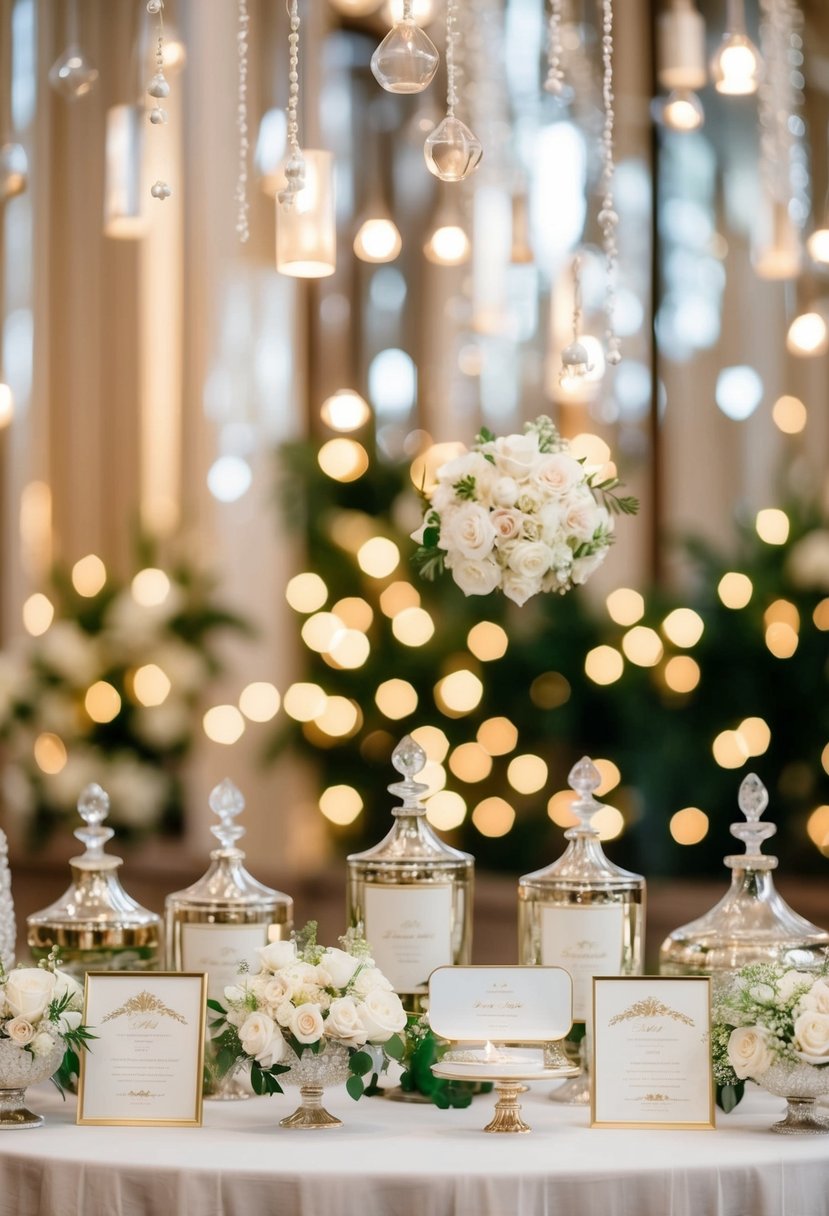 A group of elegant wedding-themed objects arranged in a decorative display