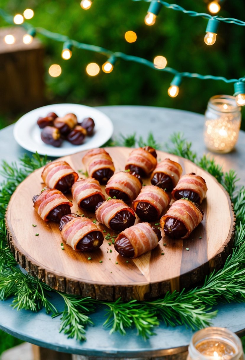 Bacon-wrapped dates arranged on a rustic wooden serving platter, surrounded by twinkling string lights and greenery at a backyard wedding