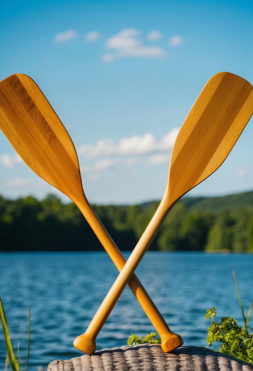 Two crossed wooden paddles against a serene lake backdrop, surrounded by lush greenery and a clear blue sky