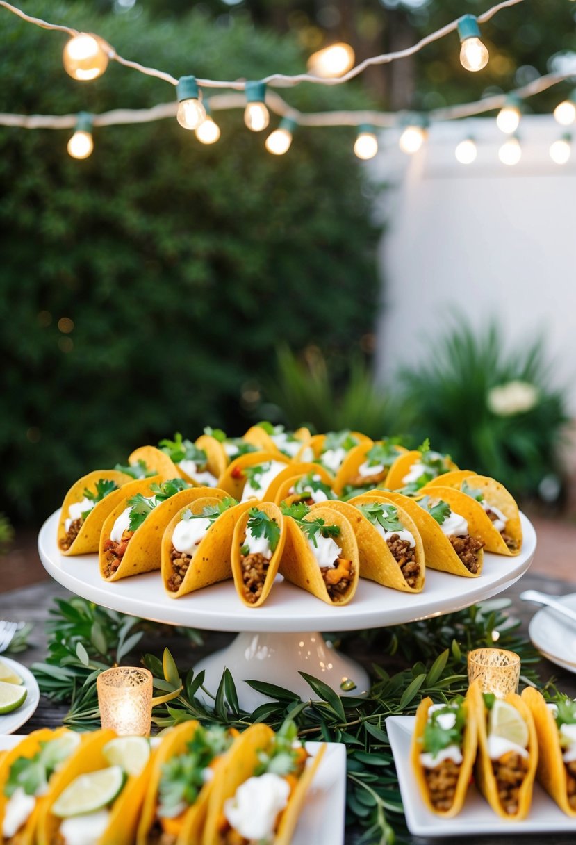 A table filled with mini taco hors d'oeuvres, surrounded by twinkling lights and greenery, set in a cozy backyard wedding setting