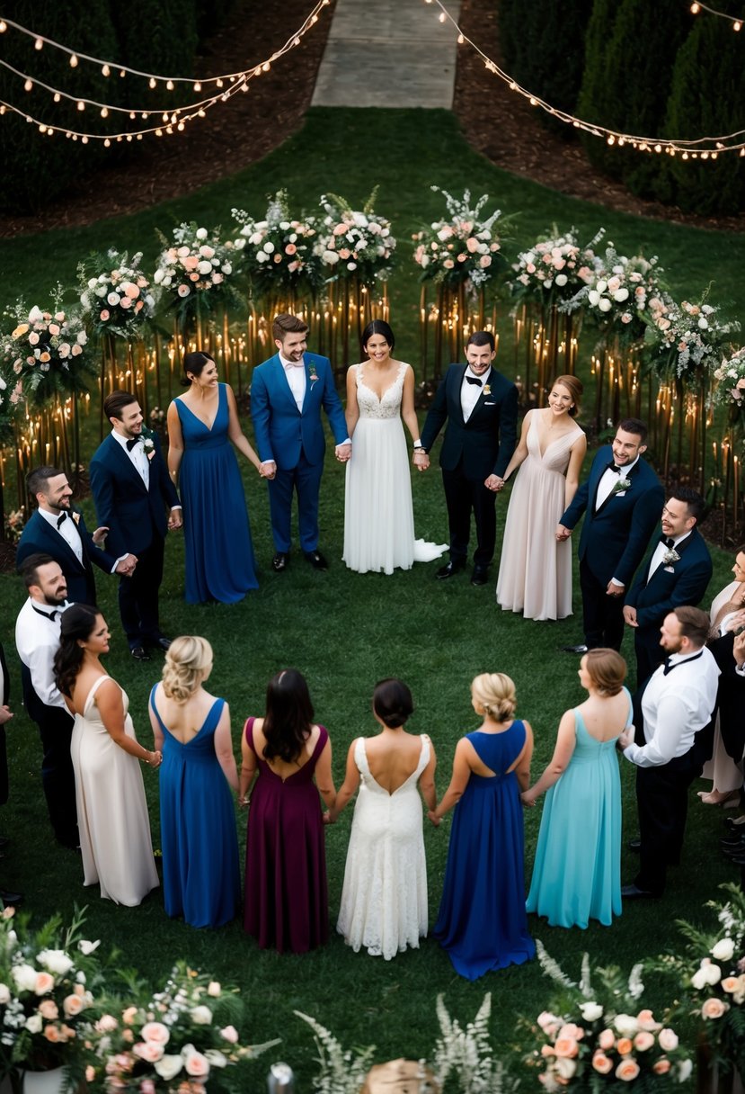 A group of elegantly dressed individuals stand in a circle, holding hands and smiling, surrounded by flowers and twinkling lights