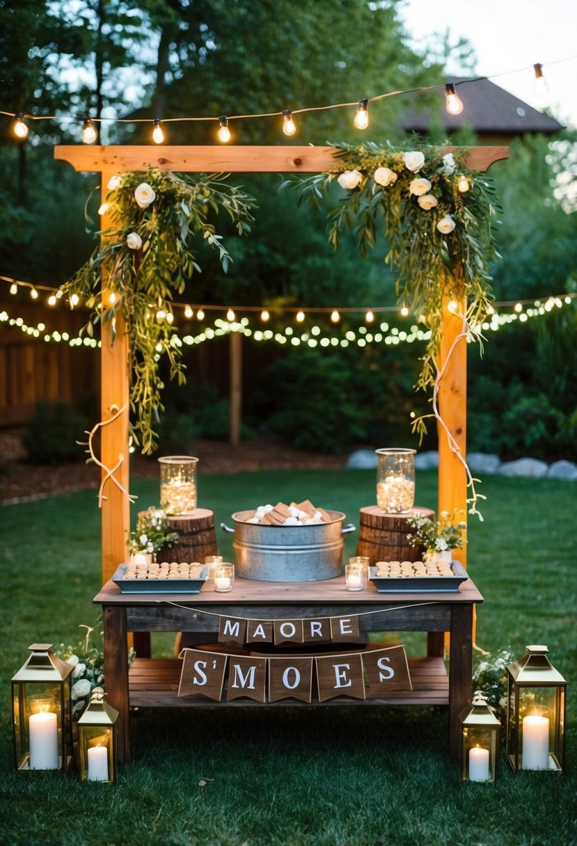 A cozy backyard wedding scene with a rustic s'mores station surrounded by fairy lights and greenery