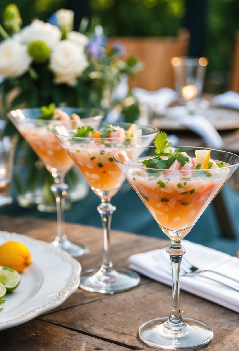 Ceviche served in elegant martini glasses on a rustic outdoor table at a backyard wedding celebration