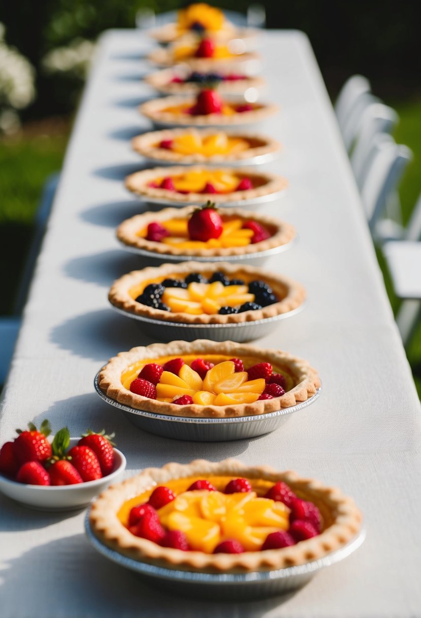 A table set with colorful fruit tart pies at a backyard wedding