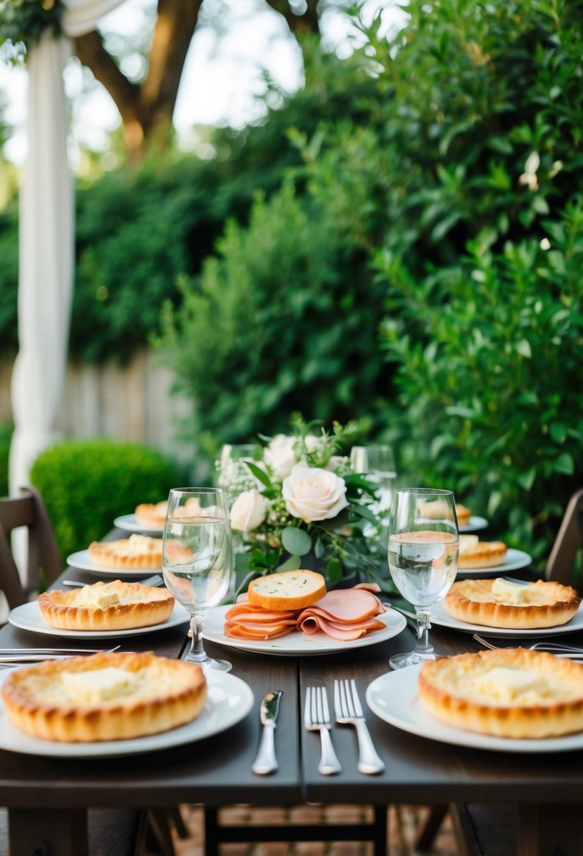 A table set with ham and brie pastries, surrounded by lush greenery at a backyard wedding