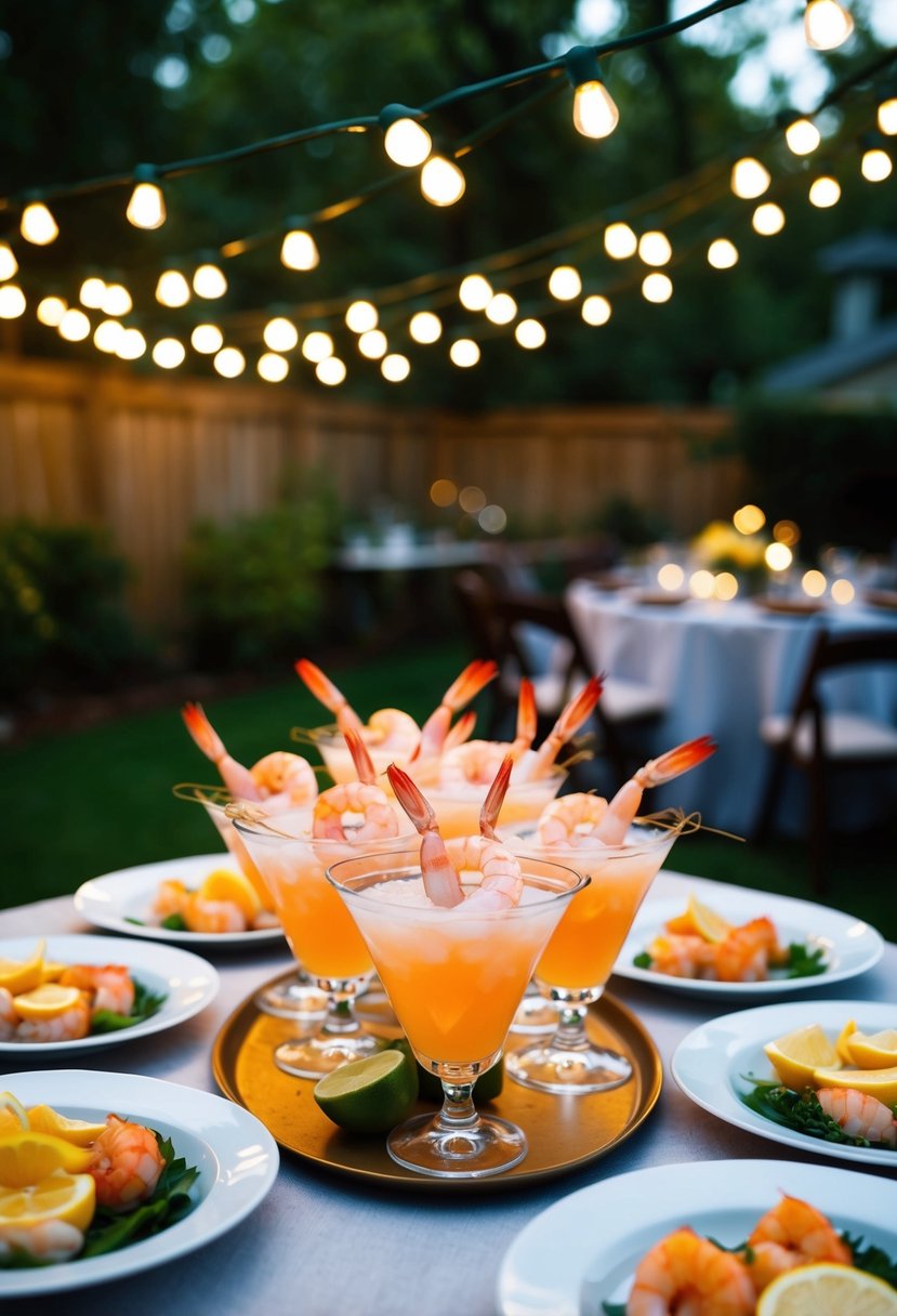 A table adorned with shrimp cocktails, surrounded by twinkling lights in a cozy backyard wedding setting