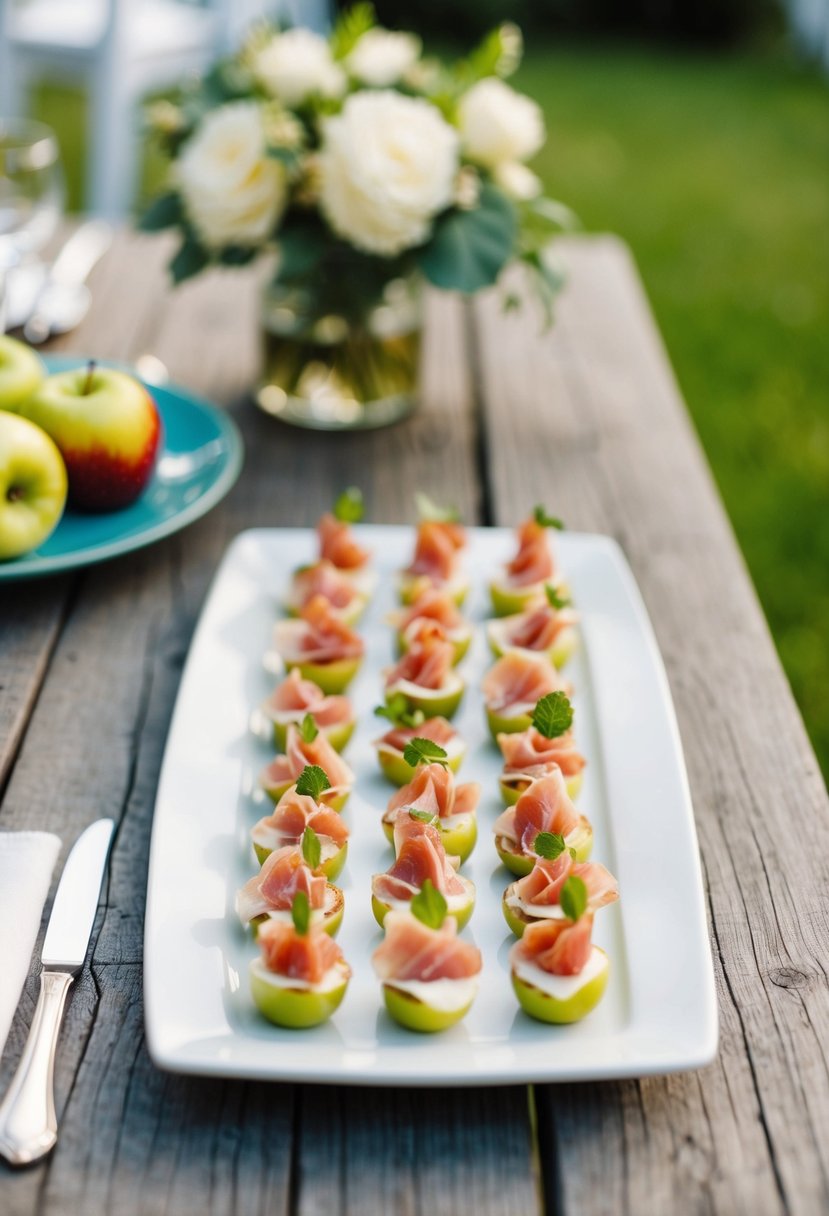 A platter of apple prosciutto bites on a rustic wooden table at a backyard wedding