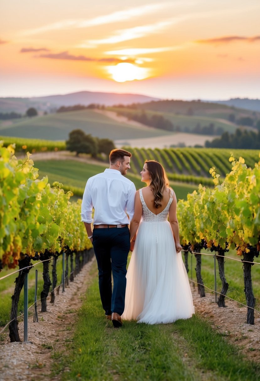 A couple strolling through a picturesque vineyard with rolling hills and a sunset in the background