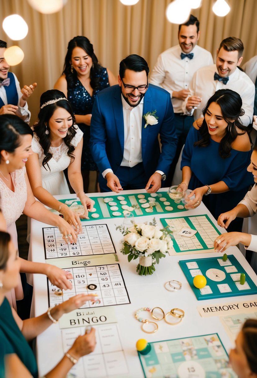 A group of guests gather around a table filled with various wedding shower games, including a bridal bingo, a ring toss, and a memory game. Laughter and excitement fill the air as they prepare to play