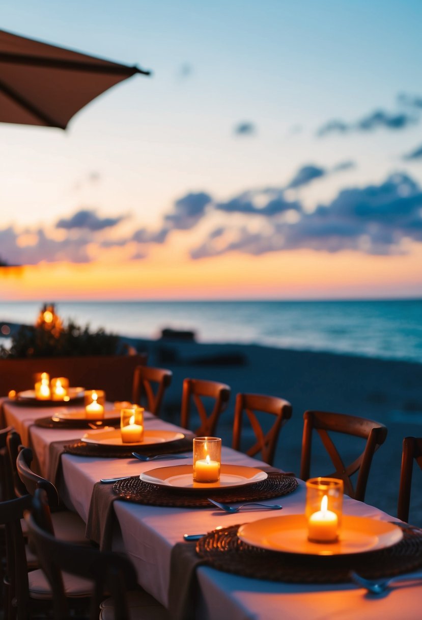 A cozy beachside dinner with candlelit tables and a view of the sunset over the Mediterranean Sea