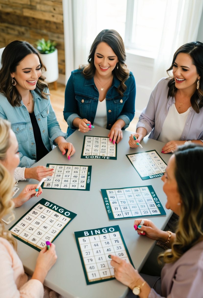 A group of women sit around a table, each with a bingo card and markers. They are laughing and chatting as they play bridal shower bingo