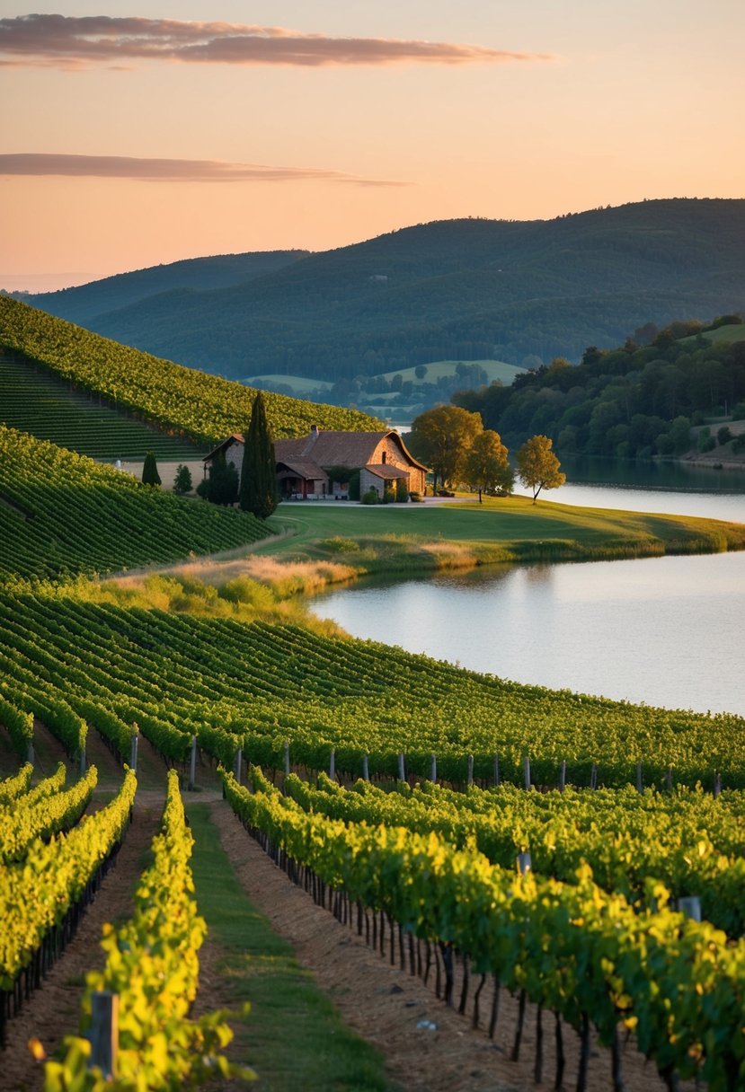 Rolling vineyard hills meet a serene lake at sunset, with a rustic winery nestled in the distance