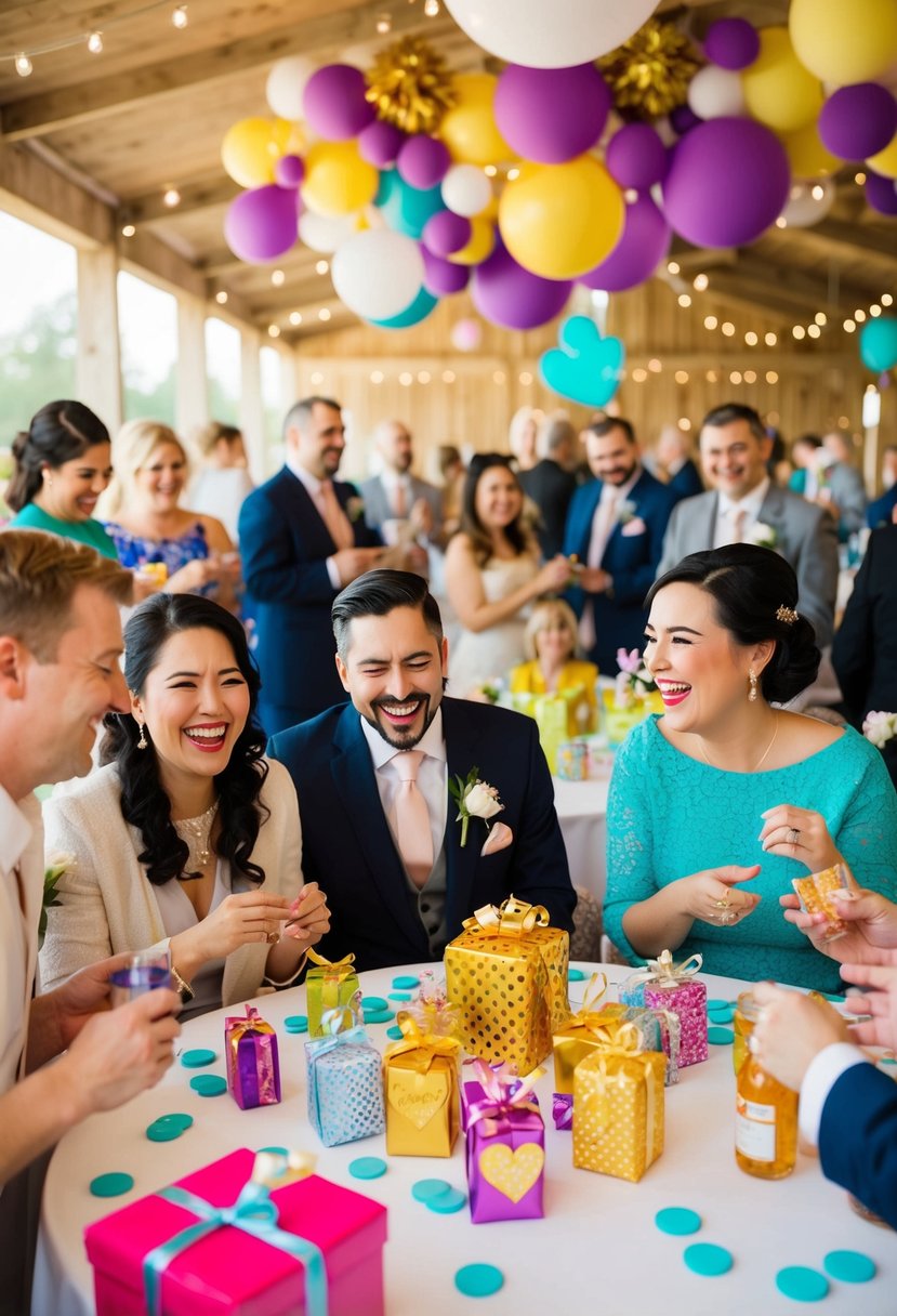 Guests laugh as they play wedding-themed games, surrounded by colorful decorations and gifts. A table is filled with prizes and refreshments