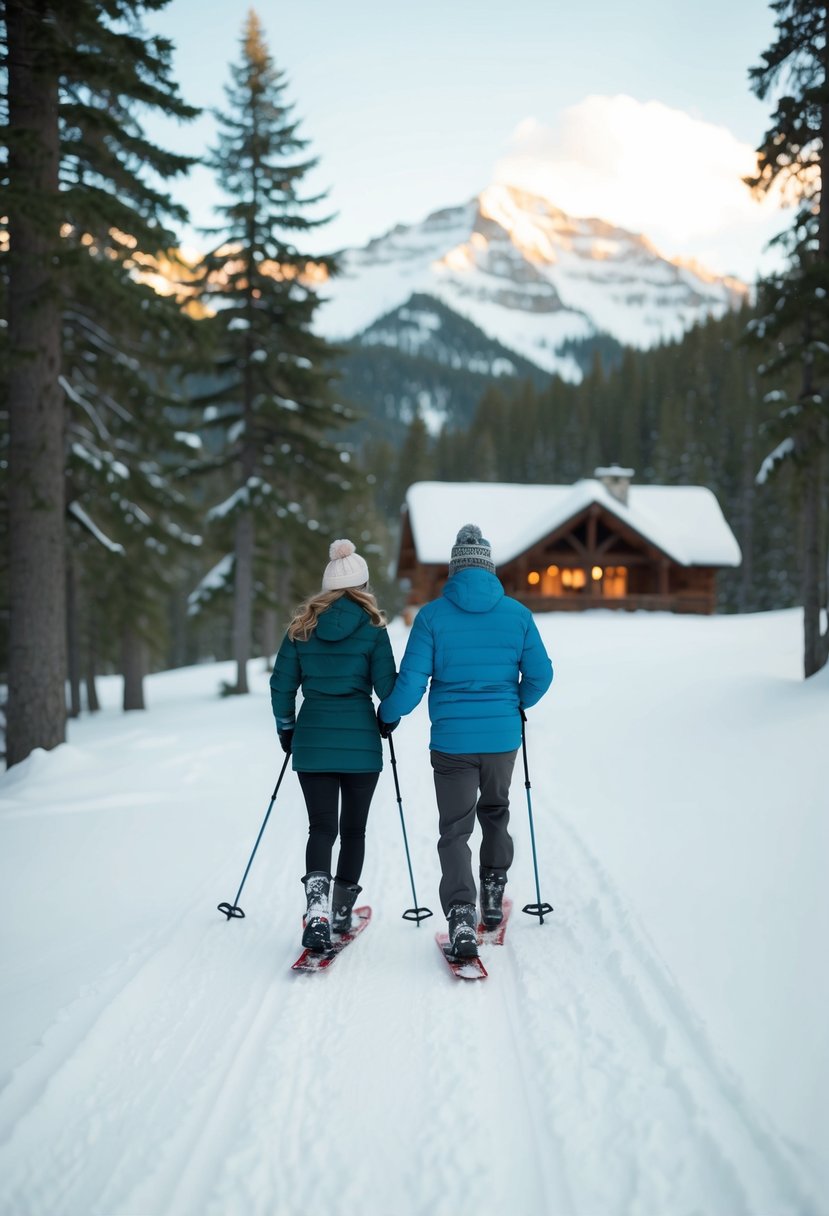 A couple snowshoeing through a serene forest with snow-capped mountains in the background, a cozy cabin nestled in the distance