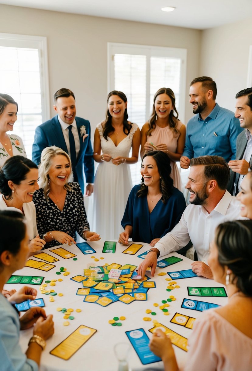 A group of guests gather around a table filled with colorful game cards and small tokens, laughing and chatting as they play wedding shower games