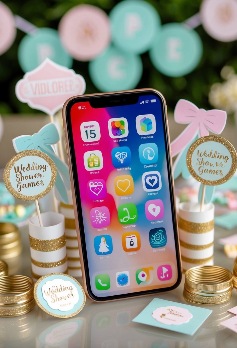 A phone with various wedding-themed apps and icons displayed on the screen, surrounded by decorative wedding shower game props and accessories