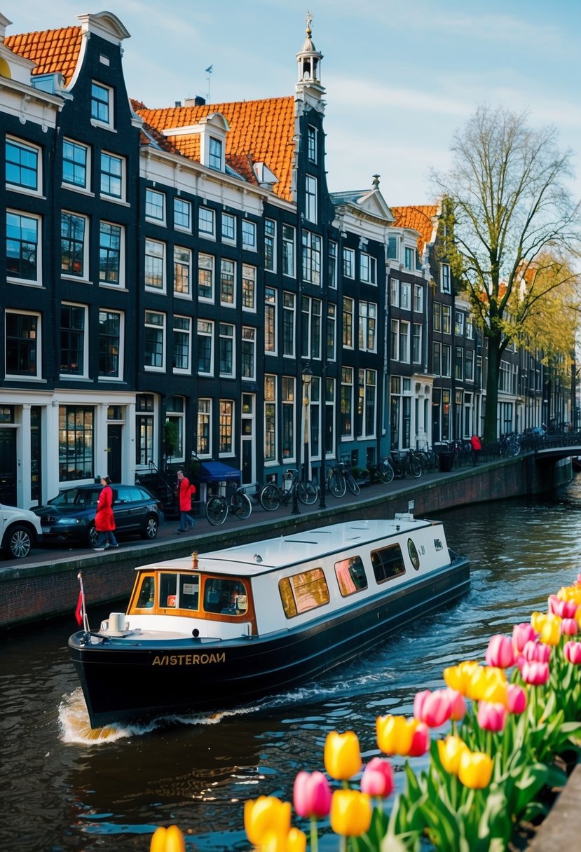 A canal boat glides past historic buildings in Amsterdam, with colorful tulips lining the water's edge