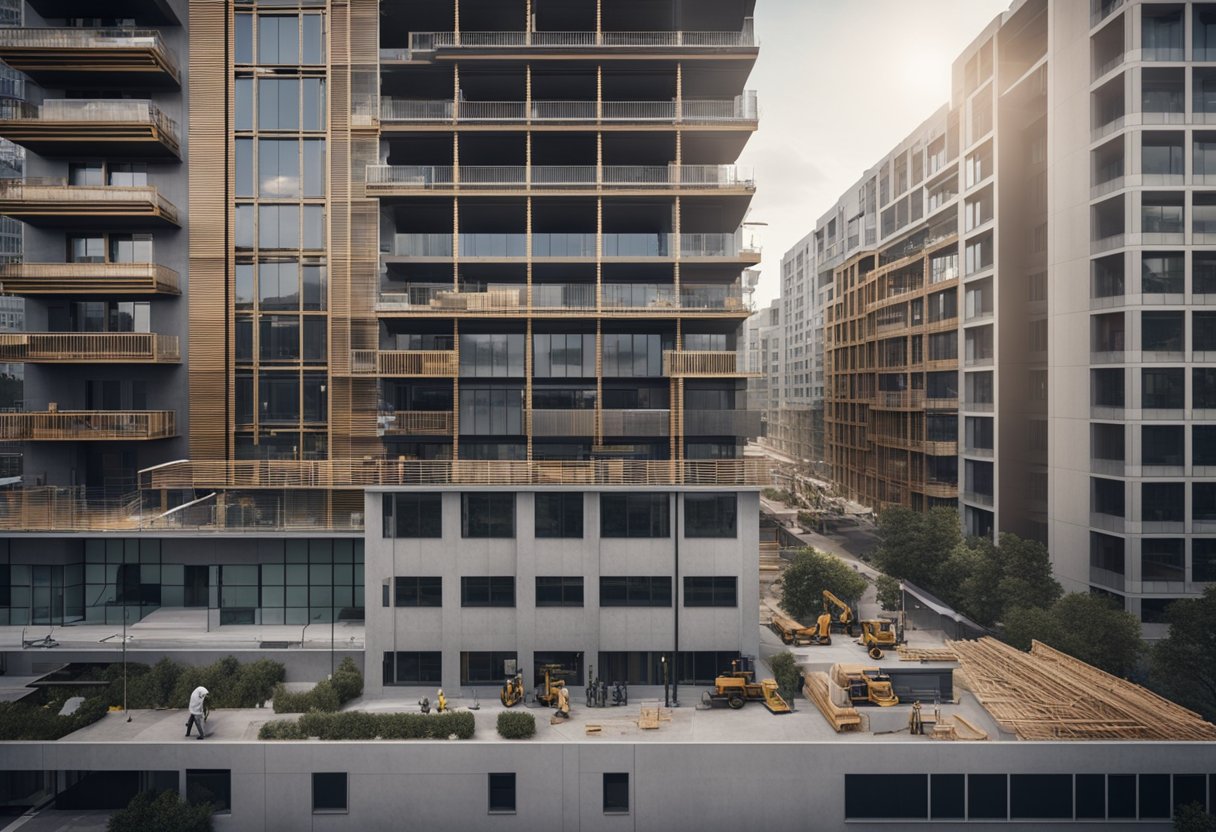 A bustling office building being transformed into residential units, with construction workers and architects collaborating on the redesign