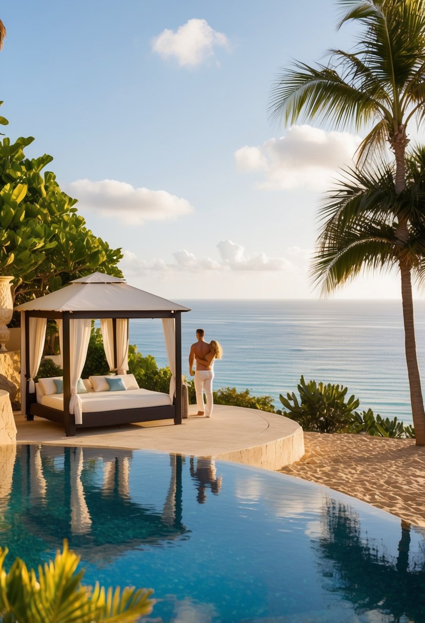 A couple lounges in a private cabana by a crystal-clear infinity pool overlooking the ocean, surrounded by lush tropical foliage and the golden sands of Los Cabos, Mexico