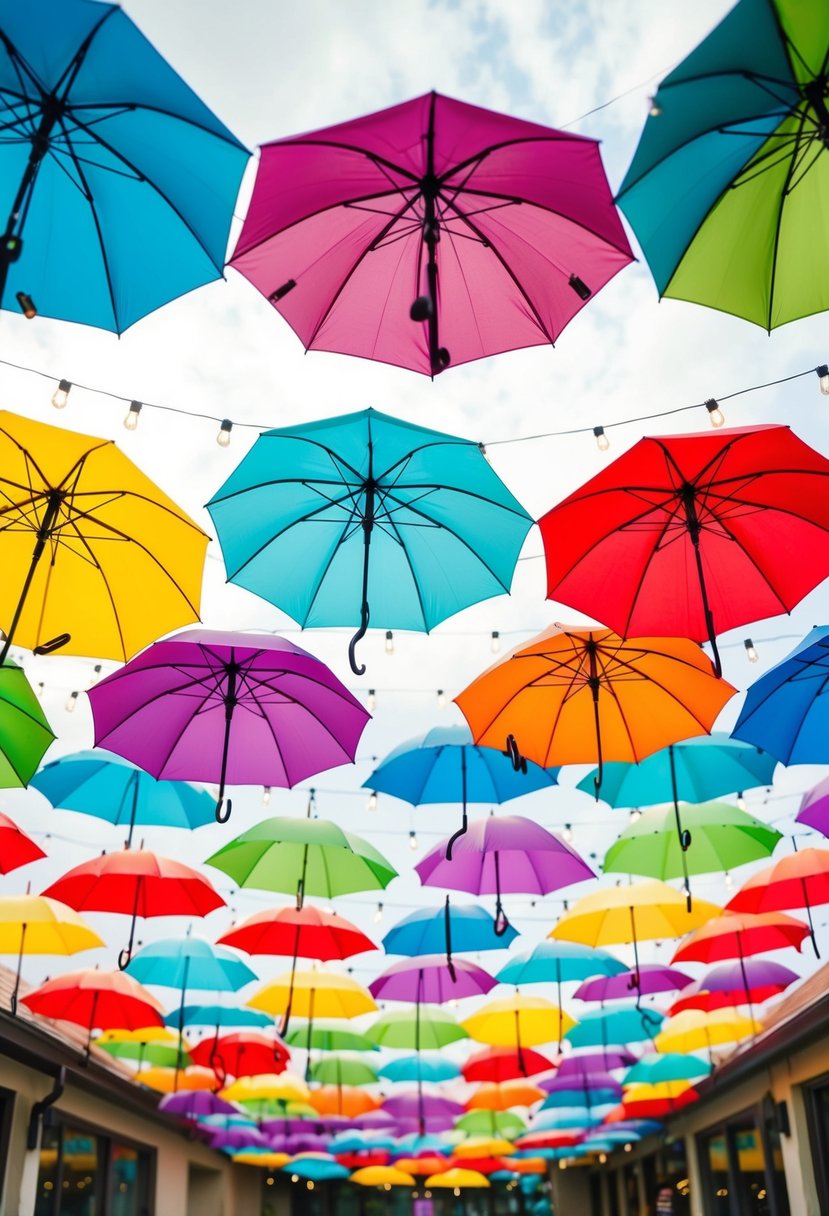 Colorful umbrellas hanging from strings, creating a vibrant canopy above the wedding venue