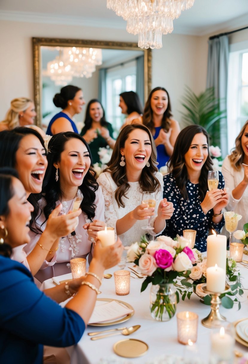 A group of women laugh and cheer as they play wedding shower games at a bridal shower. Tables are decorated with flowers and candles, creating a festive atmosphere