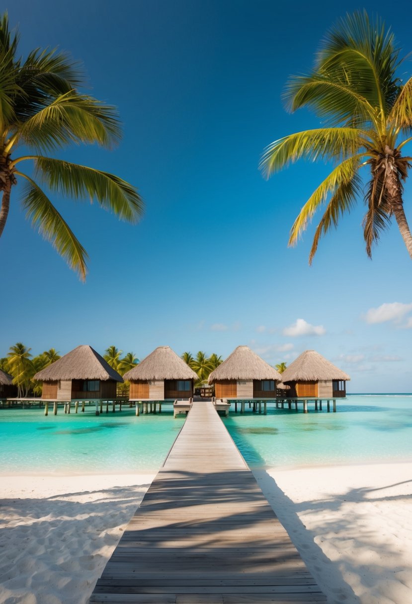 A secluded beachfront resort with overwater bungalows, surrounded by palm trees and crystal-clear waters