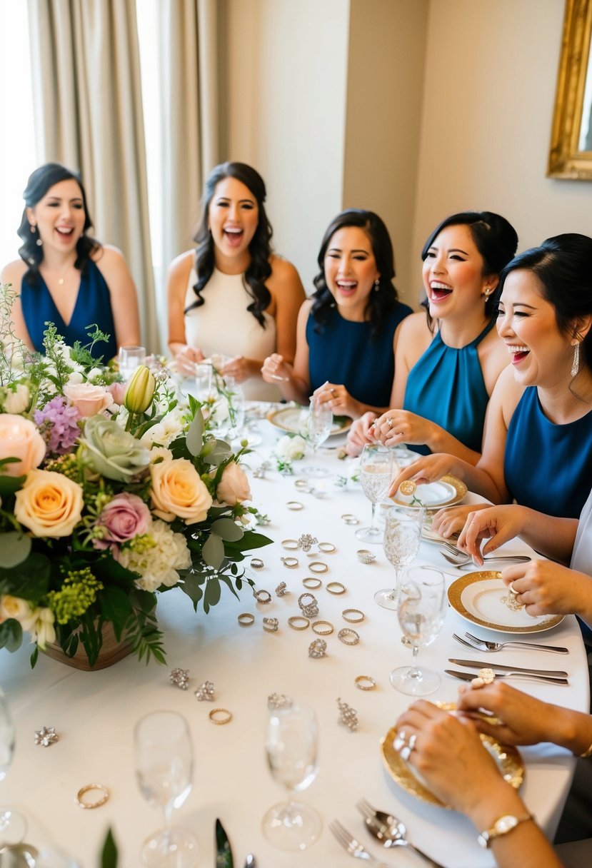 A table adorned with floral centerpieces, scattered with glittering rings. Laughter fills the room as guests eagerly participate in the Ring Hunt game at the wedding shower