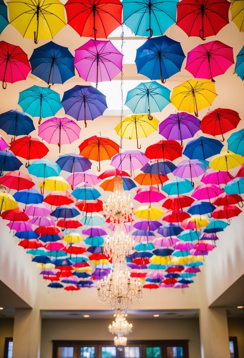 Vibrant umbrellas suspended from the ceiling, creating a colorful and whimsical wedding decoration