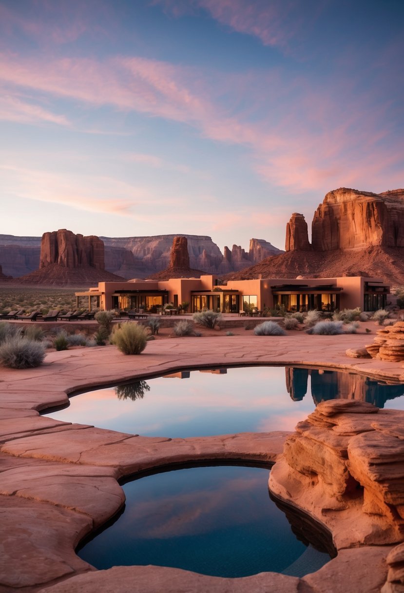 A tranquil desert landscape with a luxurious resort nestled among rock formations and a serene pool reflecting the surrounding red cliffs at Amangiri, Utah