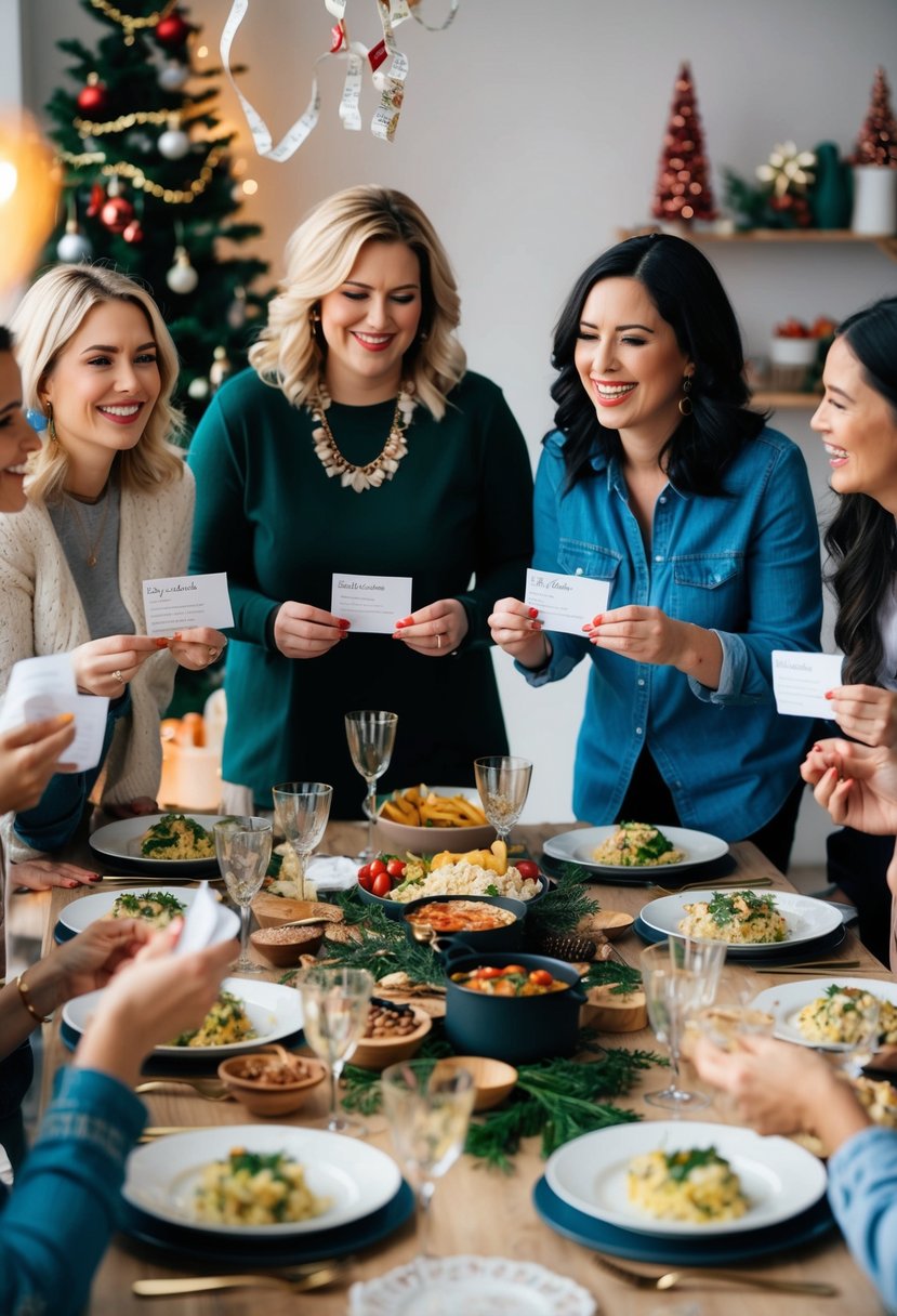 A group of women gather around a table, each holding a recipe card and discussing their favorite dishes. A festive atmosphere with decorations and laughter