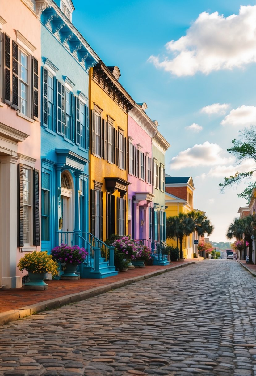 A cobblestone street lined with colorful historic buildings in Charleston, South Carolina, with blooming flowers and a warm, sunny sky