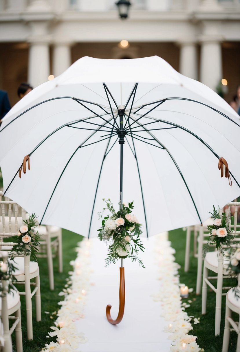 An elegant white umbrella hangs from the aisle, adorned with delicate floral decorations